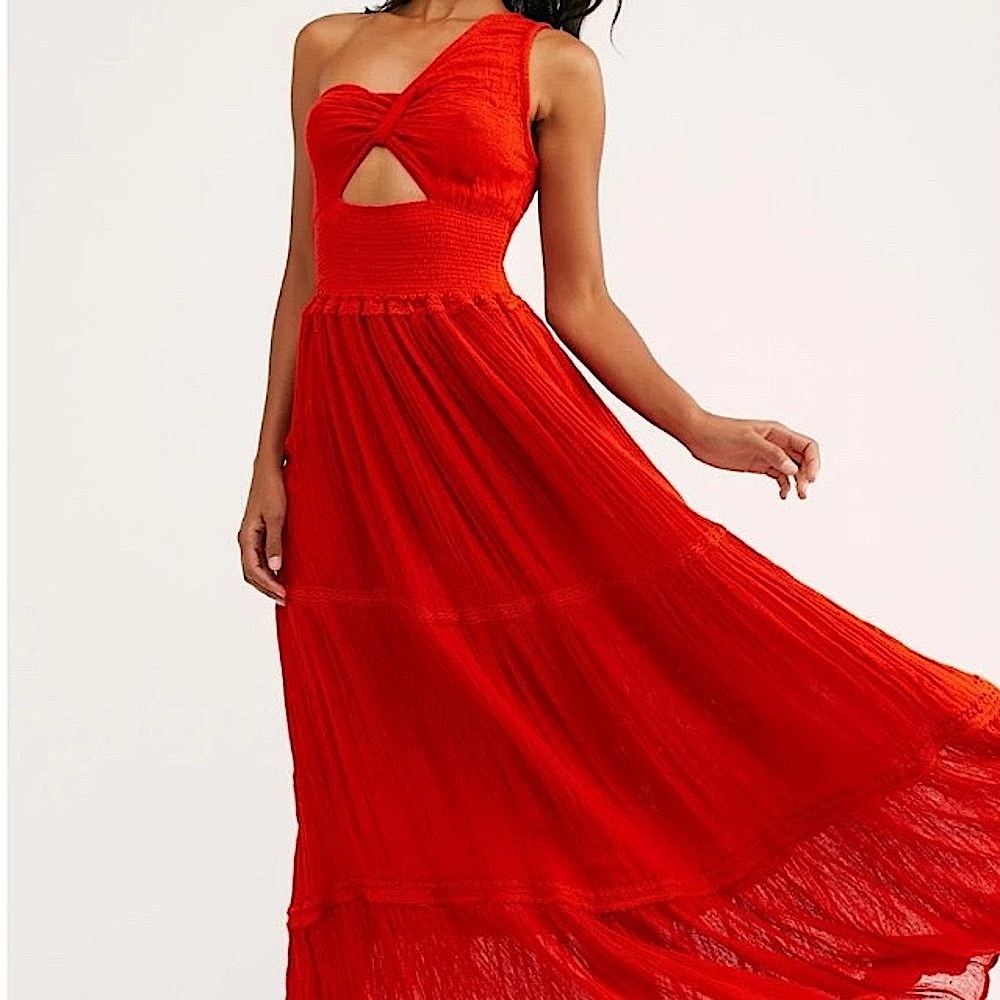 Jen's Pirate Booty Iberian Maxi Dress. Scarlet Rust. 100% Cotton. Gauze & Lace